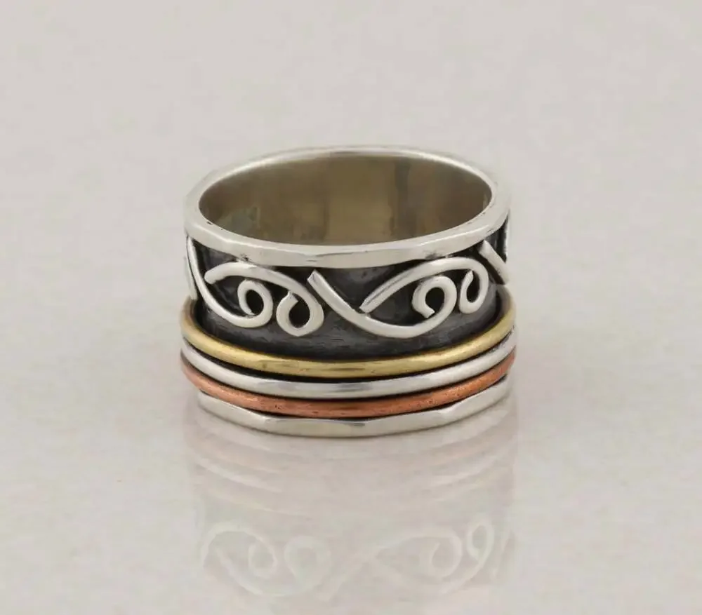 Sterling Silver Unique Thick Band Spinner Ring Bronze & Copper Size 8